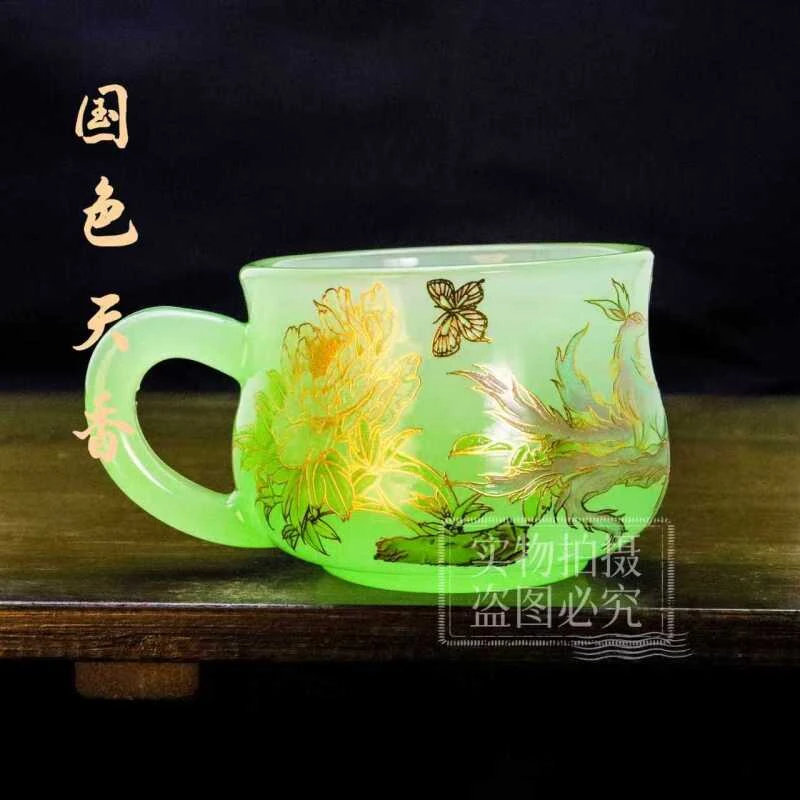 官方正品《国色天香》汝青雕刻琉璃咖啡杯/容量110毫升