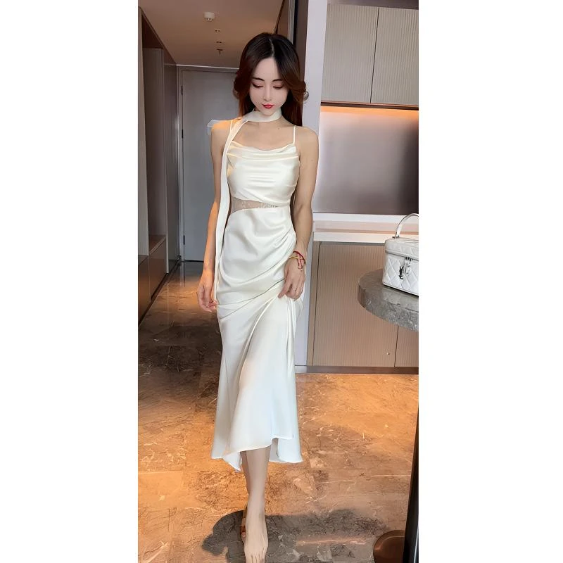 含飘带/名媛风气质洋气光泽感荡领蕾丝拼接吊带鱼尾裙女中裙子潮