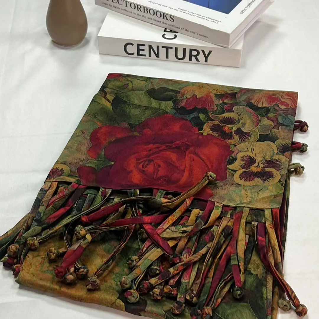 香云纱长巾-美艳年华 玫瑰金丝流苏盘扣53*190cm丝巾