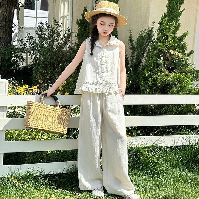 女童夏季套装2025新款女大童夏日无袖娃娃衫阔腿裤两件套儿童薄款