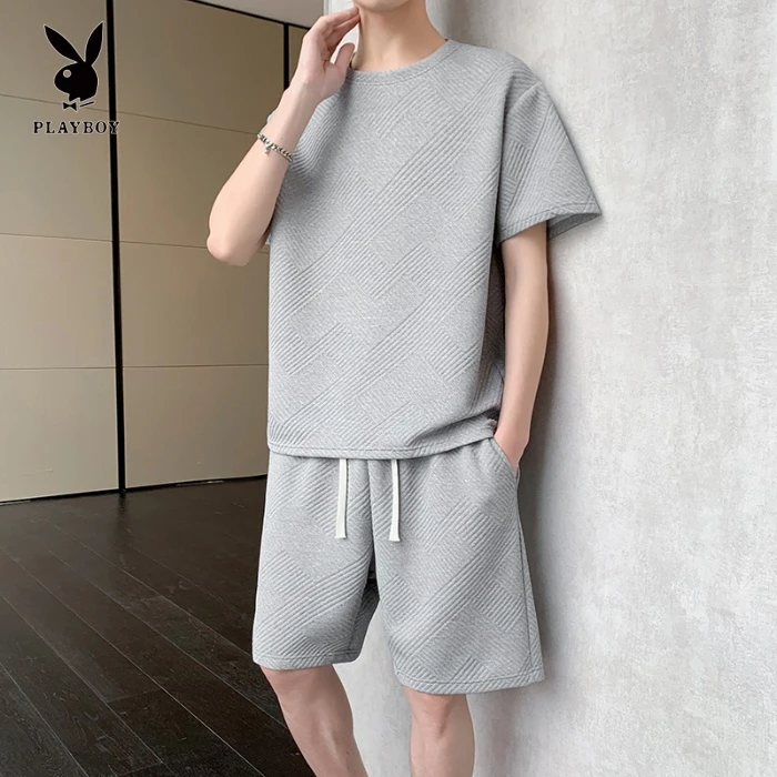 花花公子男士夏季套装2025新款冰丝短袖短裤潮流搭配一套帅气薄款