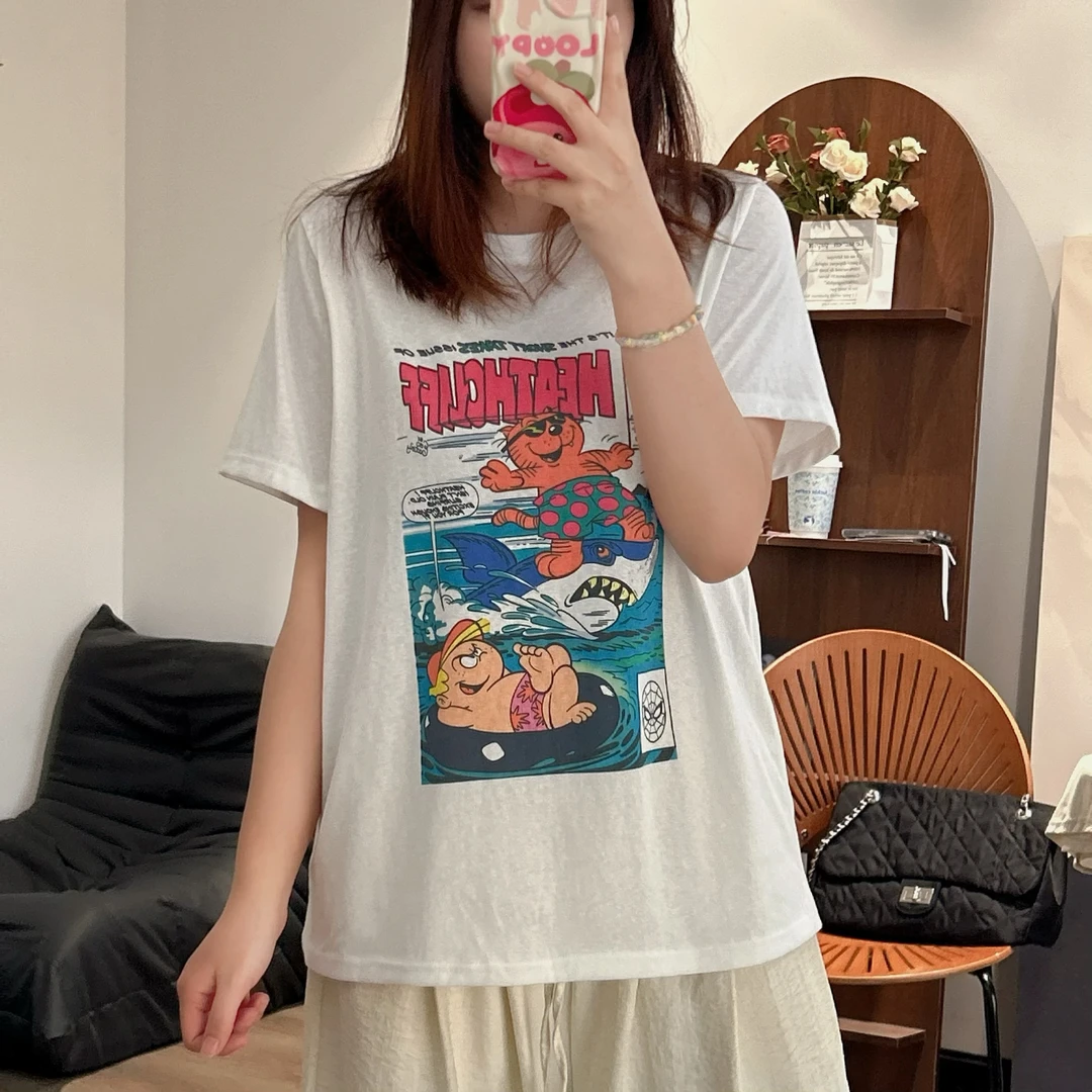 【咔咔】美式冲浪- 休闲风短袖印花圆领中长款T恤百搭宽松K0330