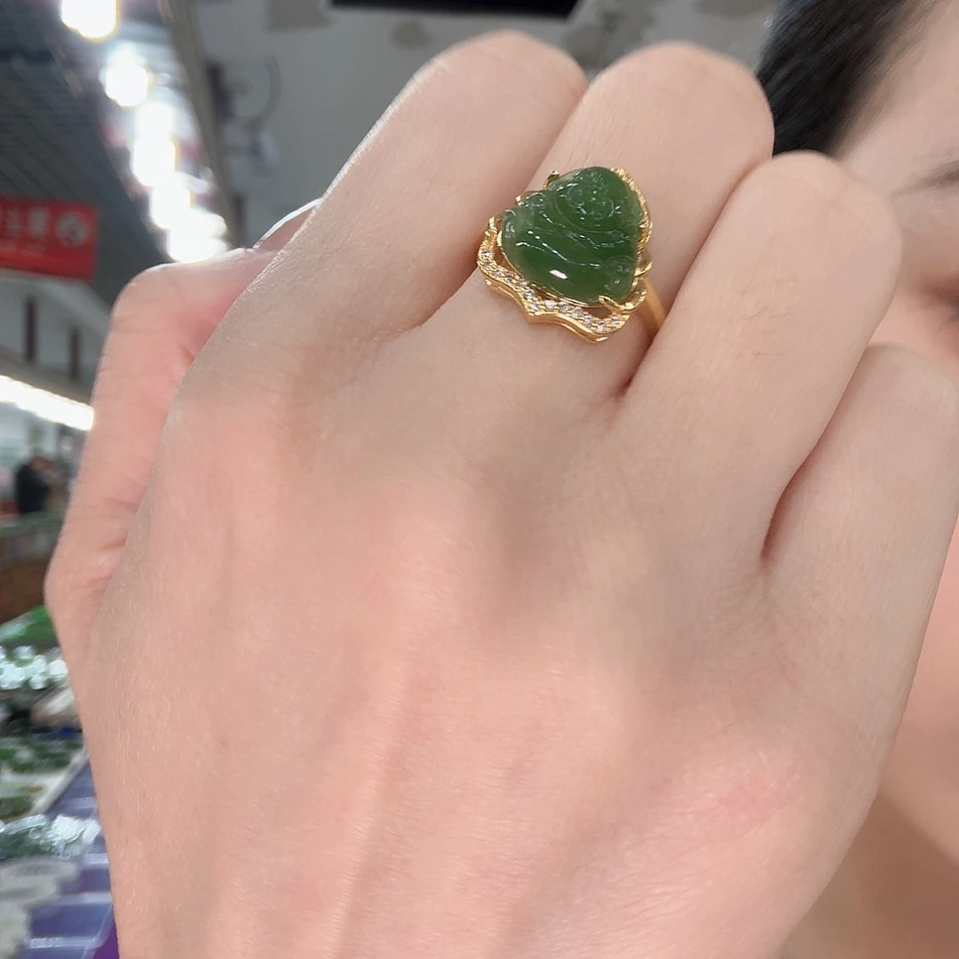 和田玉戒指银S925镀金镶嵌