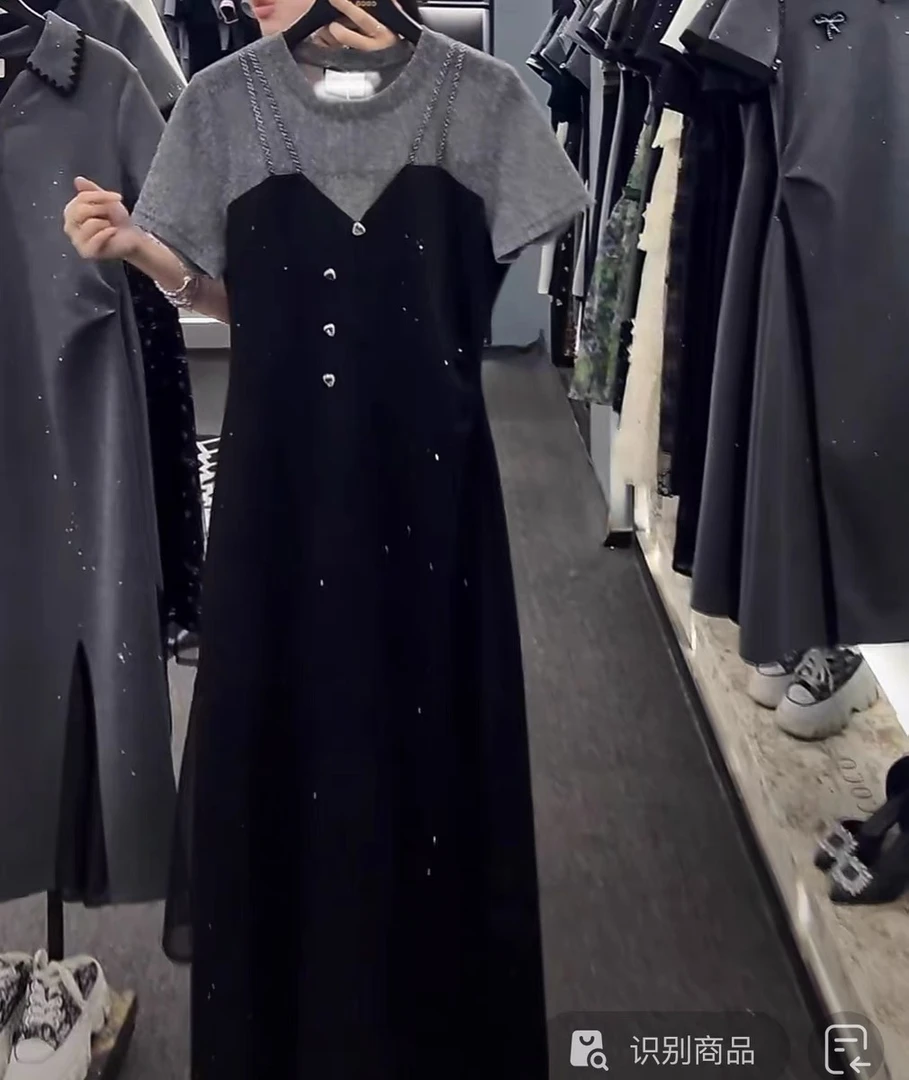 602 中长裙子假两件拼接法式