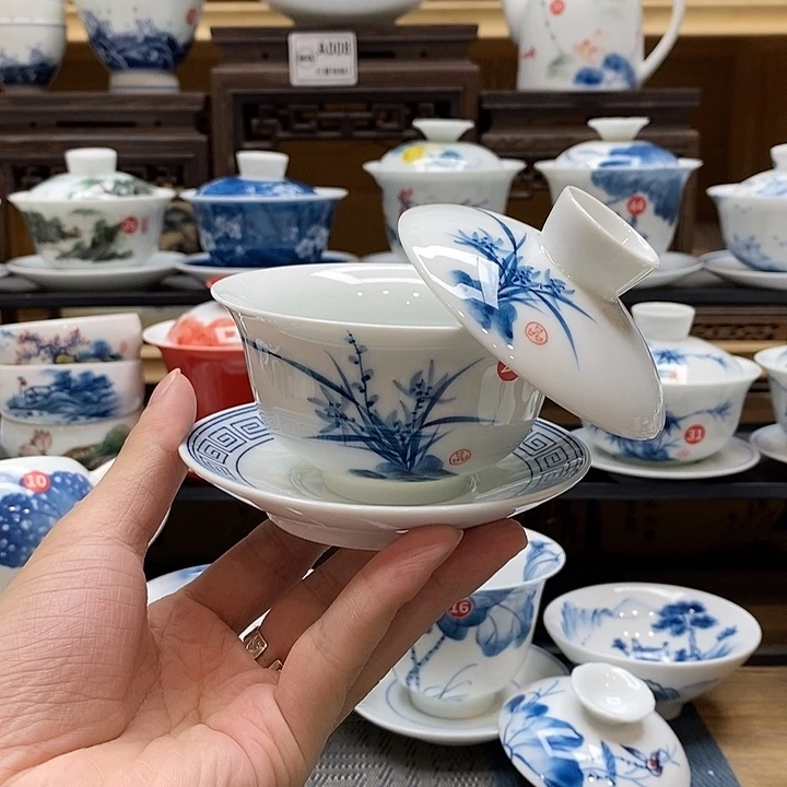 手绘兰花悬停盖碗150cc釉下彩微瑕福利款