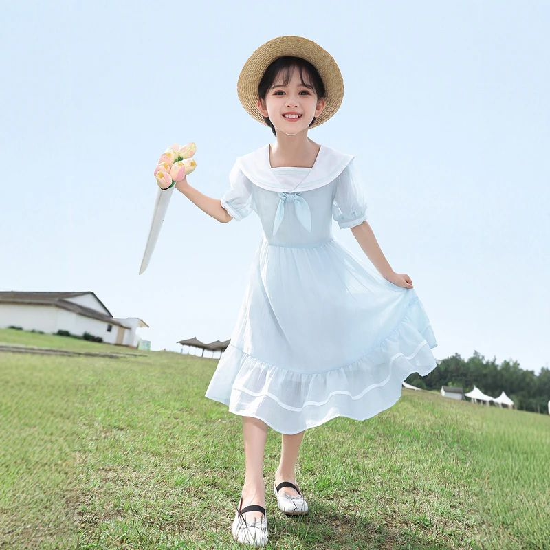 女童海军领高腰连衣裙25487