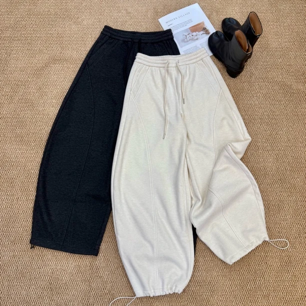 ［春春定制］新款韩版百搭修身显瘦时尚松紧腰抽绳弯刀裤休闲裤7007