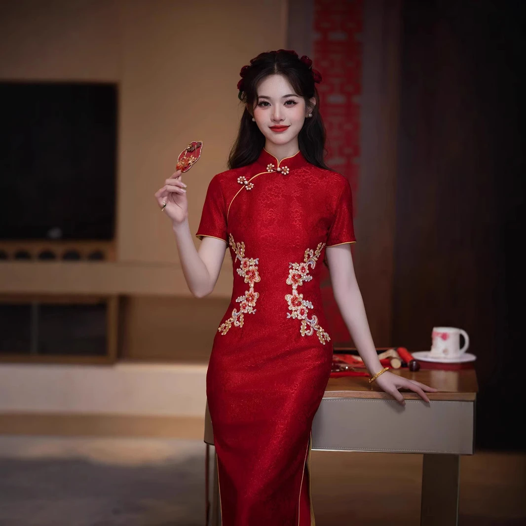 【玉簪】2025新品长款提花复合刺绣旗袍婚宴敬酒服回门礼服改良旗袍