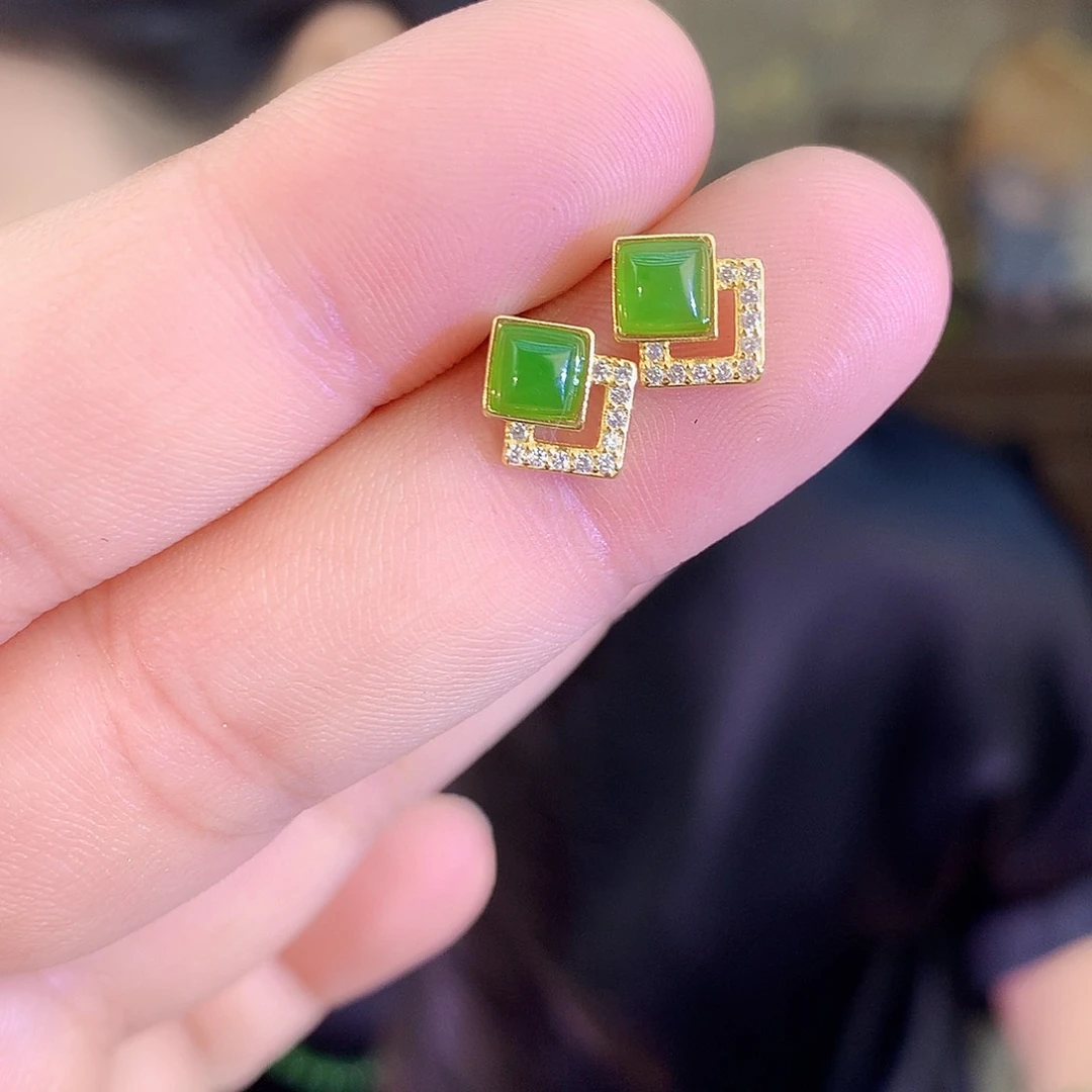 颈饰银S925镶嵌和田玉（碧玉）耳饰