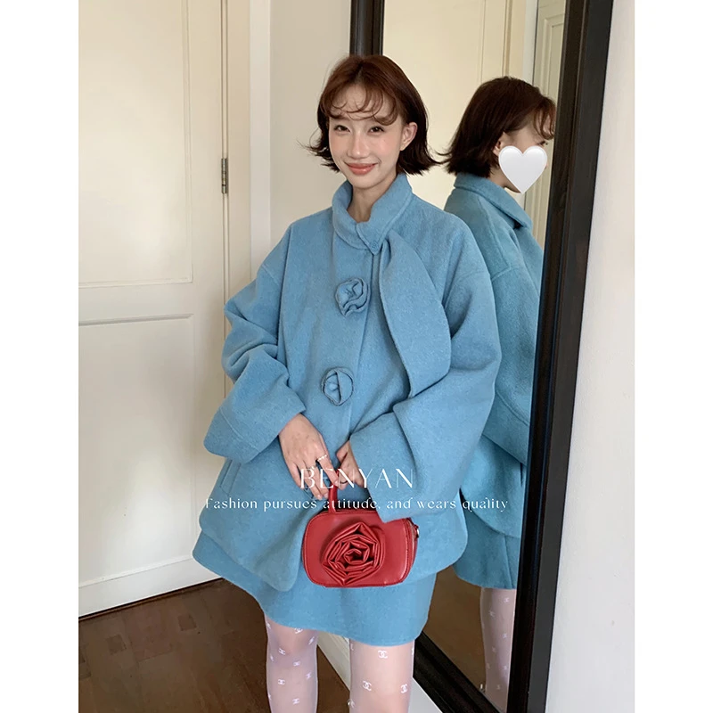 BENYAN 法式千金名媛花朵装饰毛呢外套短裙两件套套装女82658