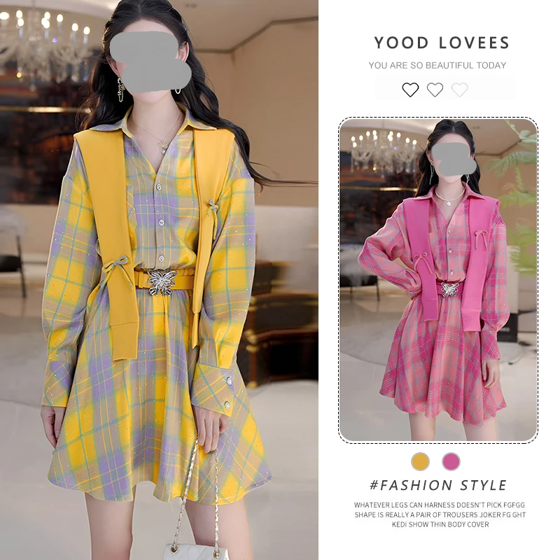 复古小格纹翻领长袖连衣裙女2025春秋新款百搭设计感披肩时尚套装