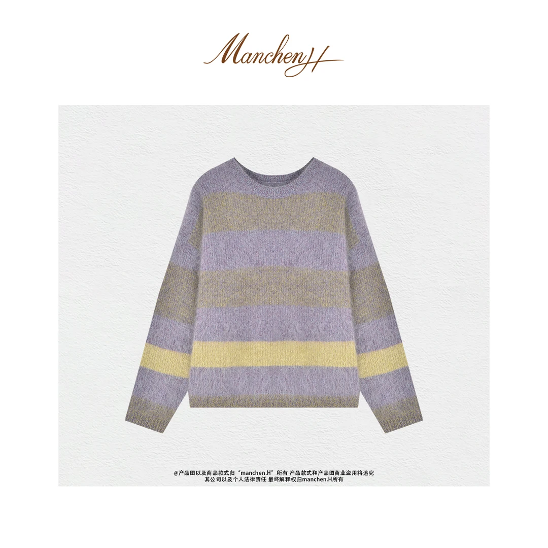 曼辰manchenh"紫绒星辉"意大利进口花纱100羊绒拉绒针织上衣