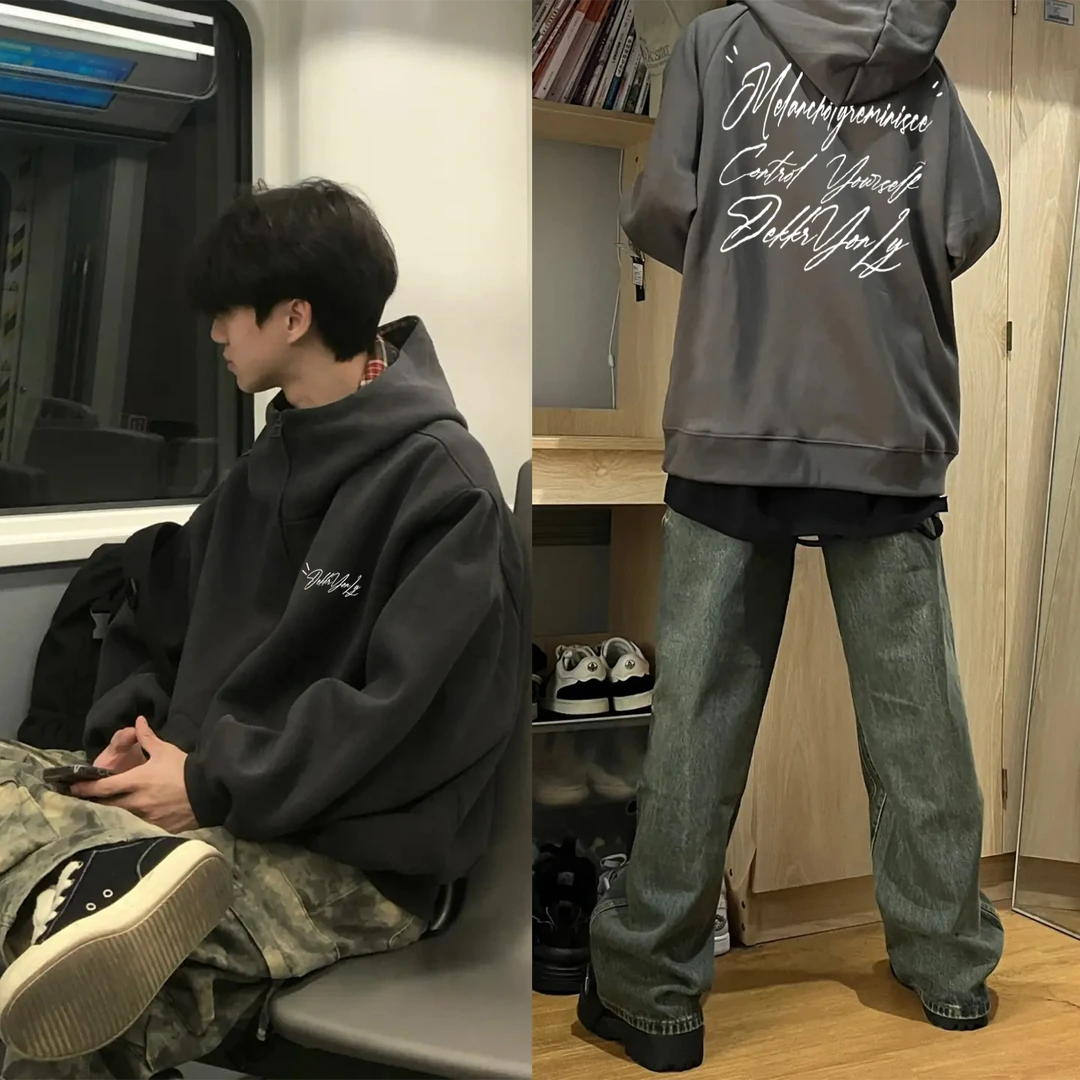 美式设计感字母印花高领开衫格子连帽卫衣男女秋冬季休闲拉链外套