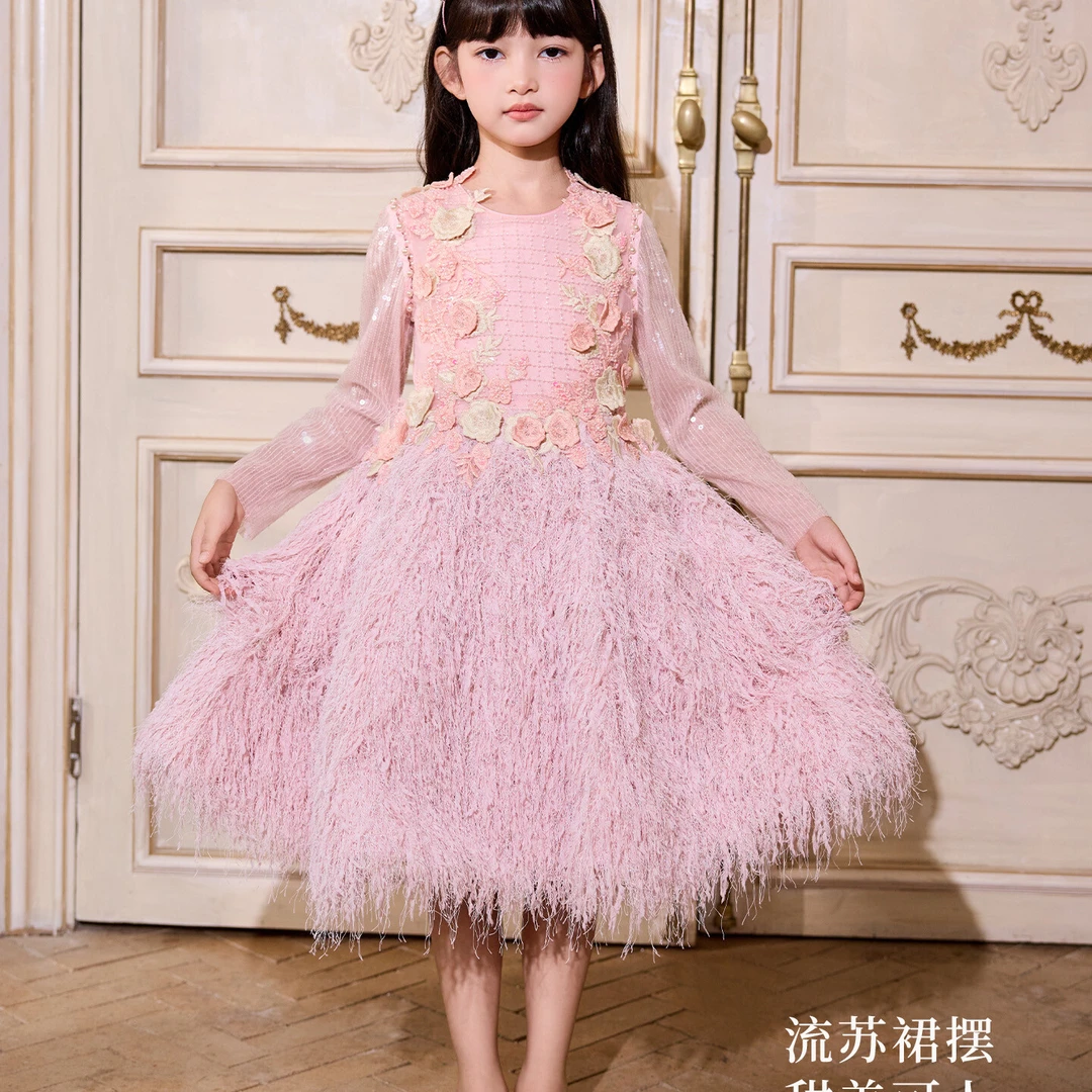 爱安玖女童礼服流苏裙摆高定儿童礼服裙袖子可拆秋冬款AAJ1365