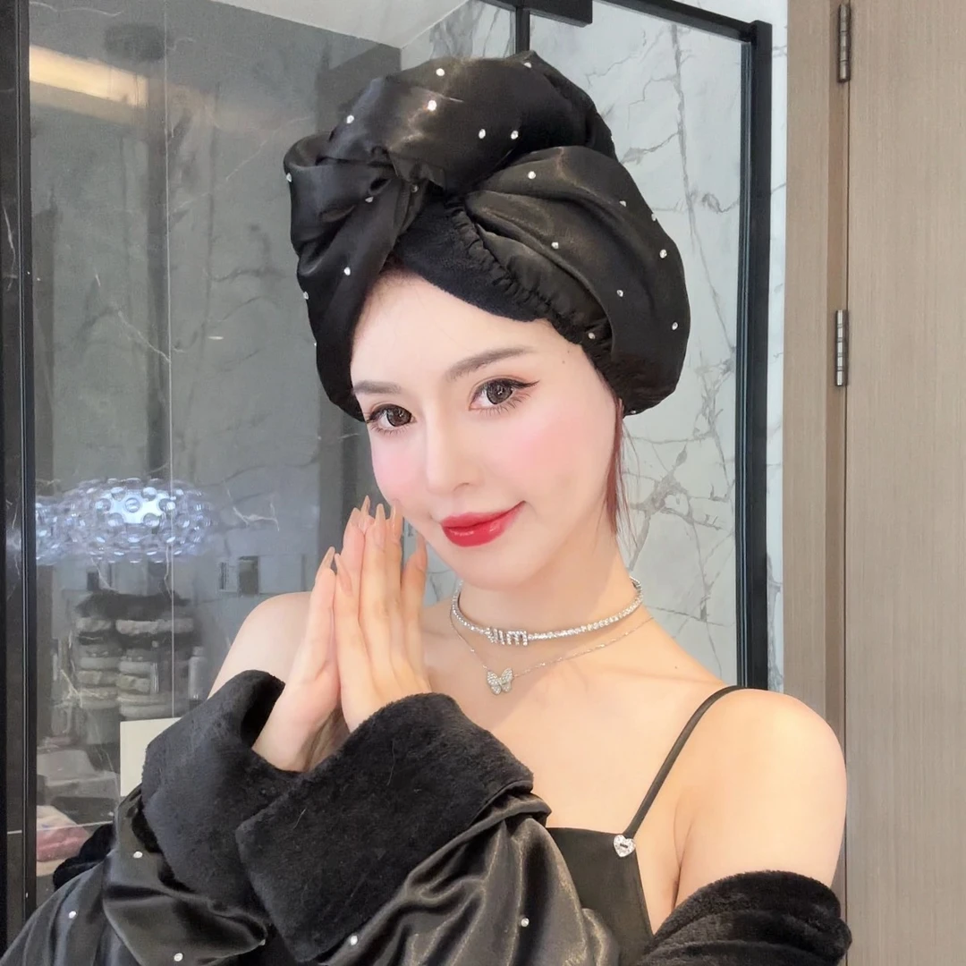 DIMDEVL/汀黛满天星烫钻高级贵妇双层缎面加厚速干黑粉干发帽浴帽