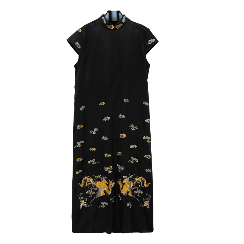 SUOER/娑尔重缎凤凰刺绣小立领坎肩袖连衣裙SH2LN02249