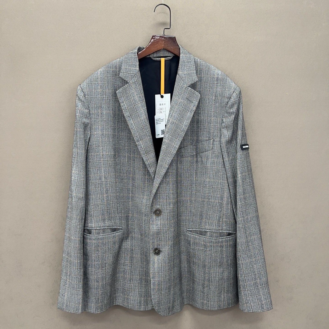 99新 Balenciaga/巴黎世家 灰色格子羊毛外套/38码/cl00124