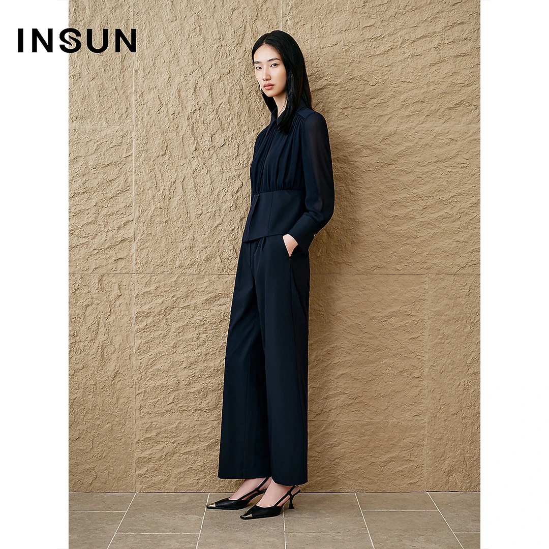 INSUN恩裳专选秋季时尚解构拼接褶皱翻领衬衫