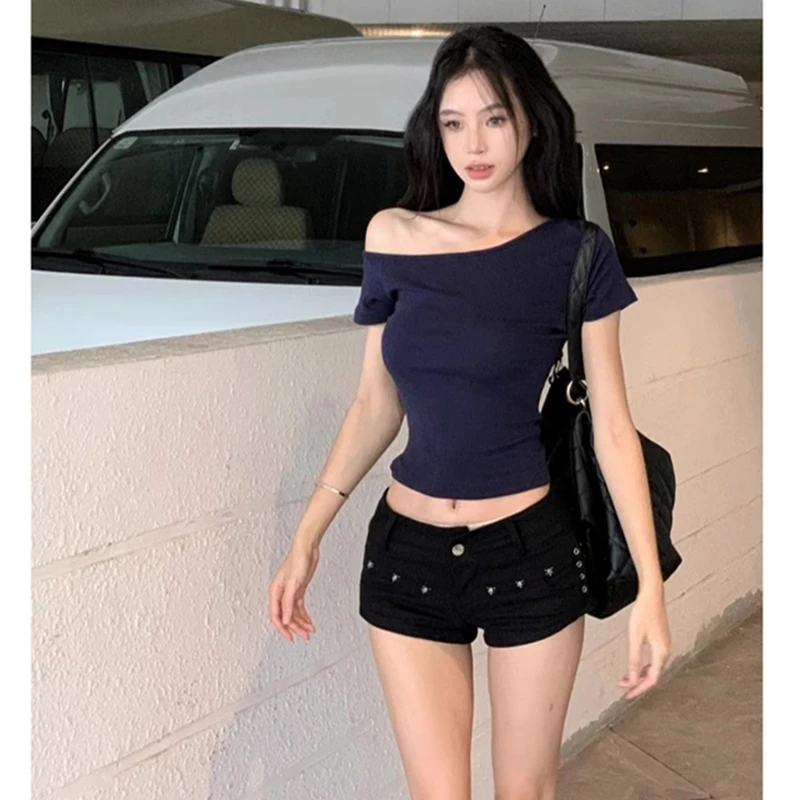 【运费险】纯欲风性感辣妹紧身短袖t恤女夏斜肩上衣弹力显瘦纯色