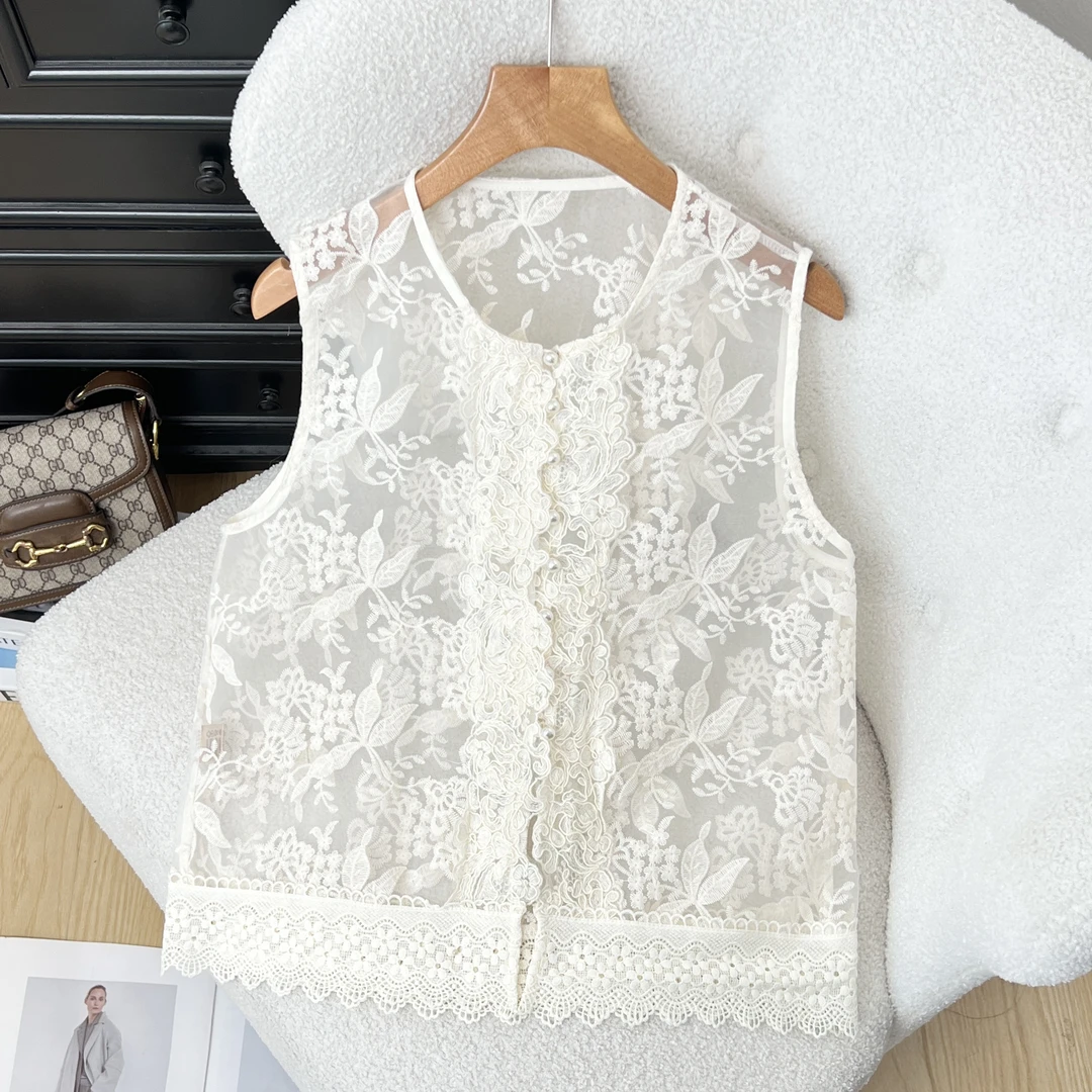 新中式国风马甲宽松薄款单层刺绣花边圆领坎肩无袖背心511