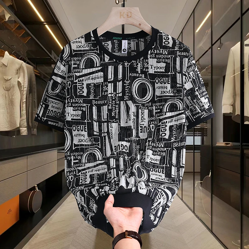 欧洲站2025新款男士冰丝夏季薄款短袖T恤潮男时尚百搭休闲体恤衫