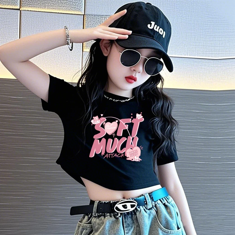 女童短款修身T恤2025夏季童装时髦小女孩字母短袖中大童洋气上衣