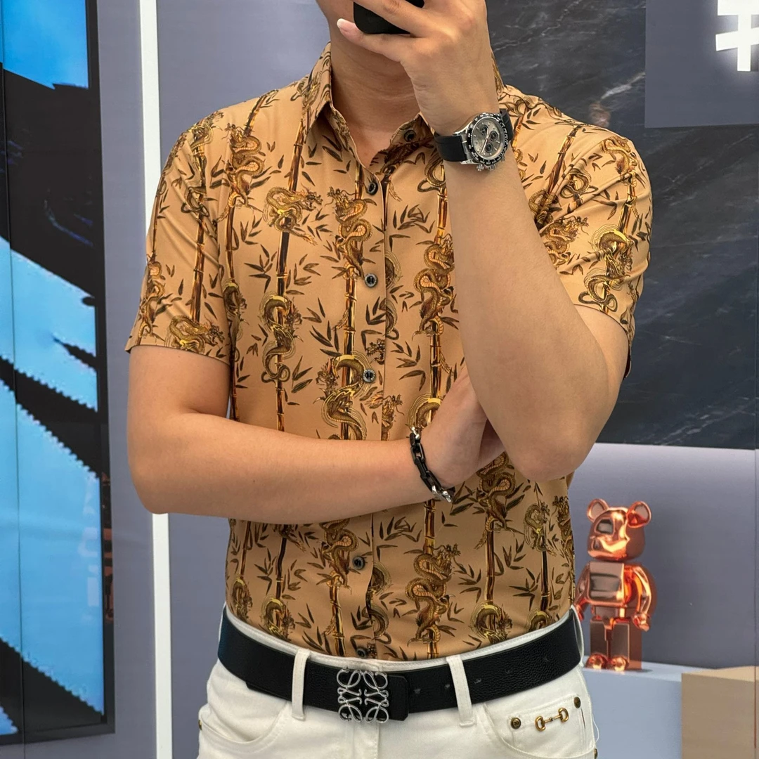 25夏季（轩诚）桑蚕丝莱赛尔印花时尚休闲男士夏季潮流短袖衬衫