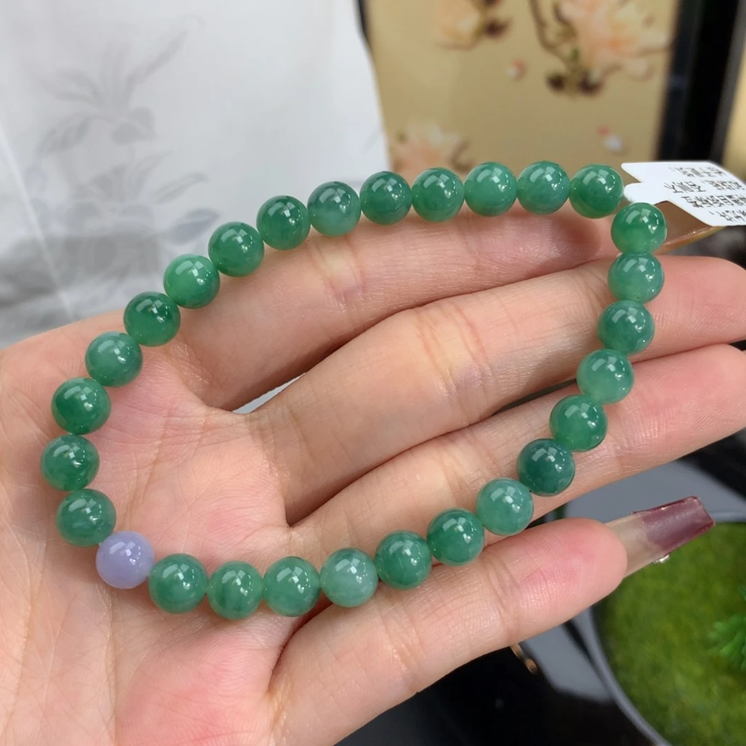 翡翠手链未镶嵌卡6.7胶润绿飘花手串