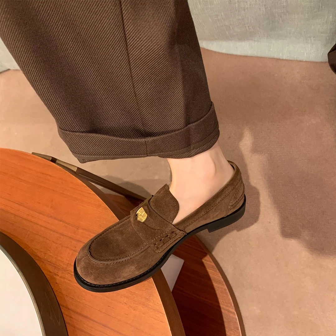 羊皮版复古圆头小金币懒人英伦风乐福鞋女厚底一脚蹬小皮鞋