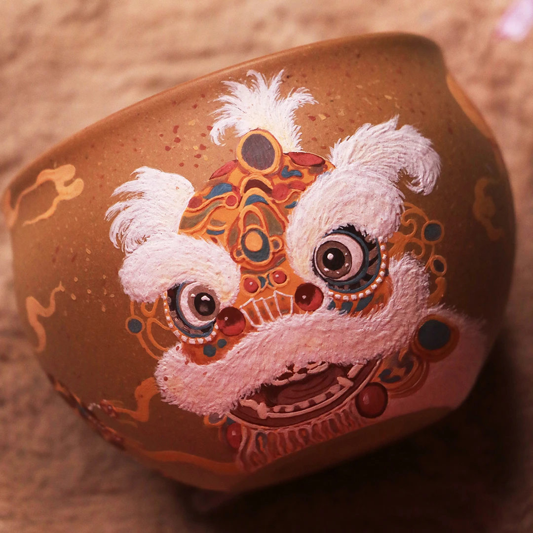 紫砂 手工泥绘 醒狮杯 喝茶泡茶 240cc 段泥 通身泥绘