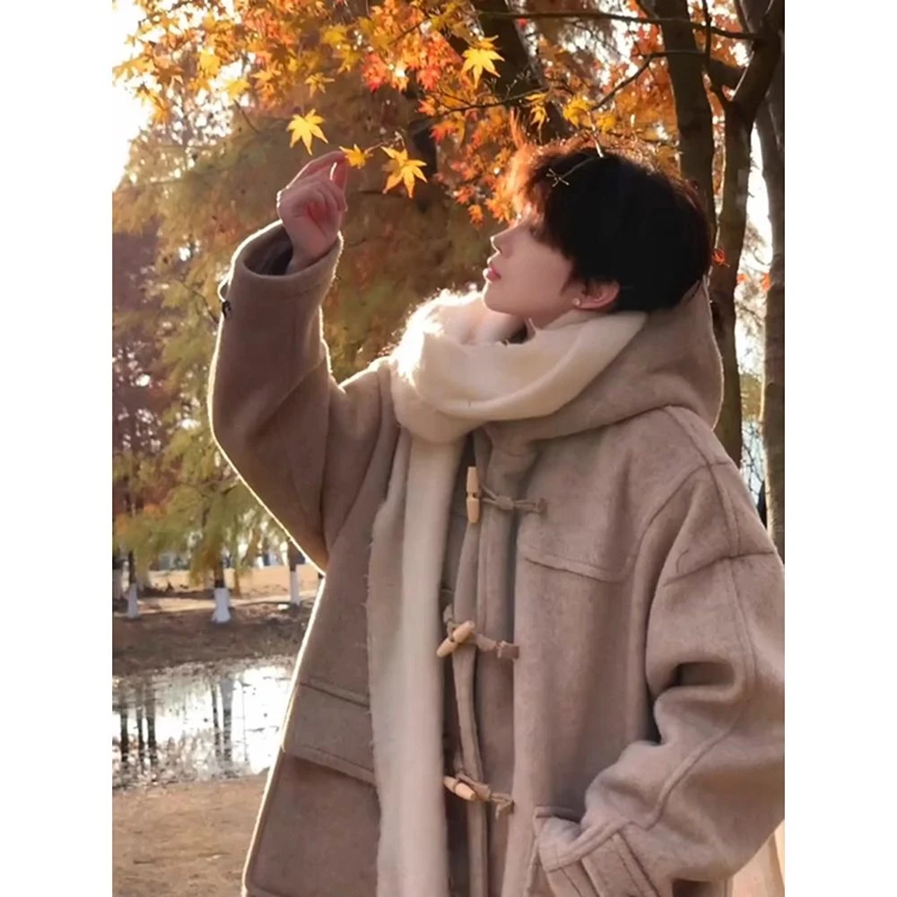 韩版痞帅牛角扣大衣男款秋冬连帽双面呢子风衣中长款过膝毛呢外套