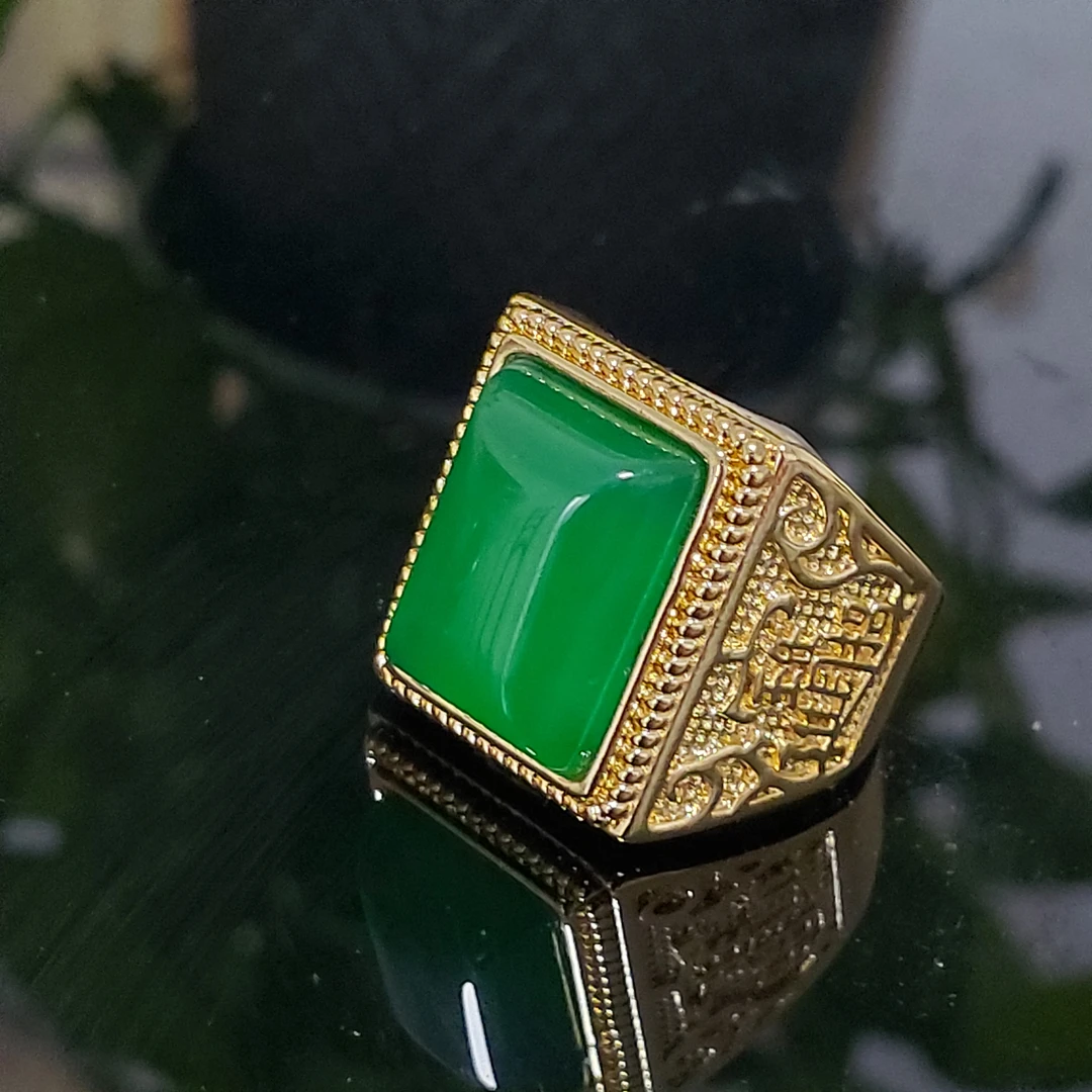 新品-正品天然男士高档满绿色玉髓戒面精品小众男士戒指