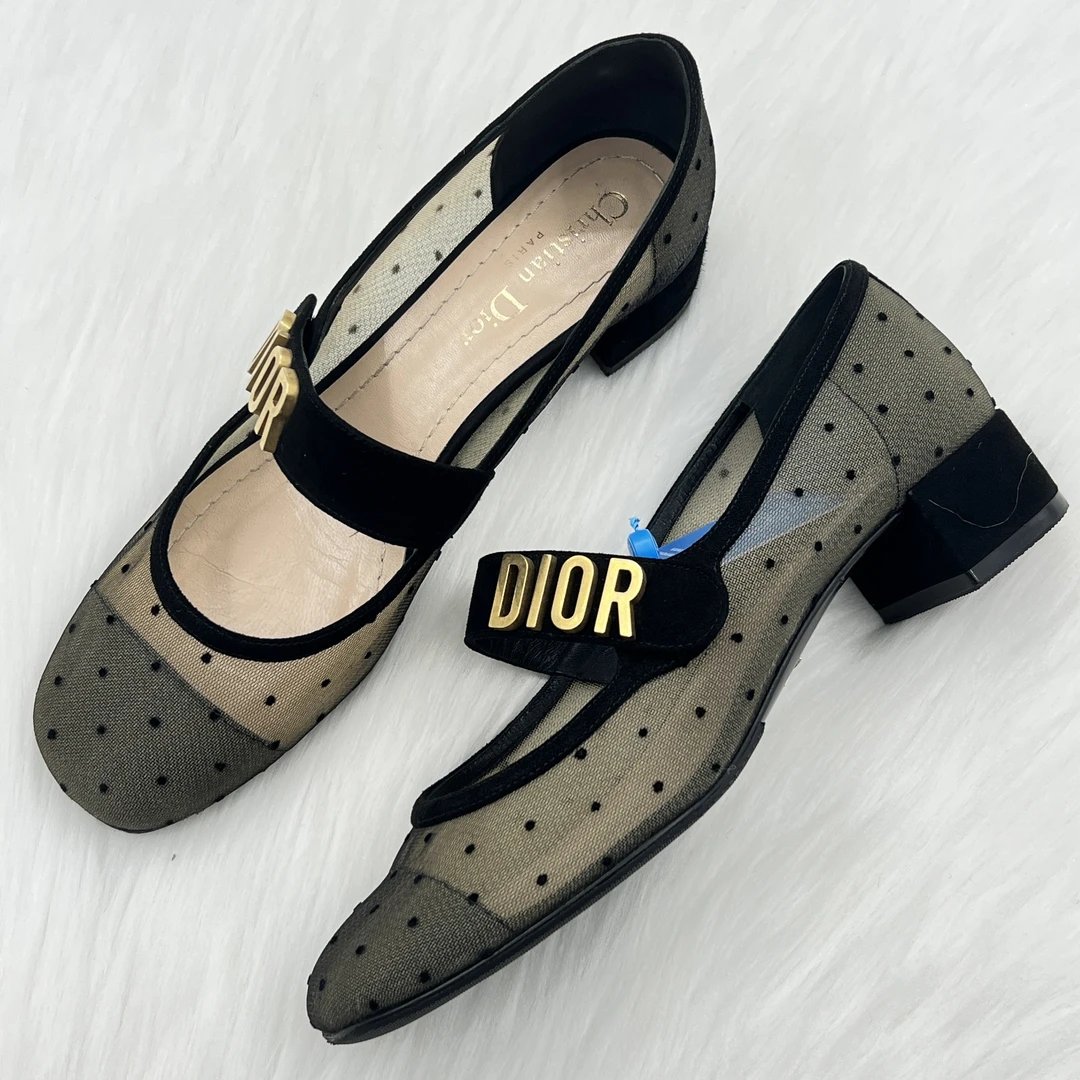 95新 DIOR/迪奥 蕾丝波点网面一字带单鞋 37码 公价9k x035