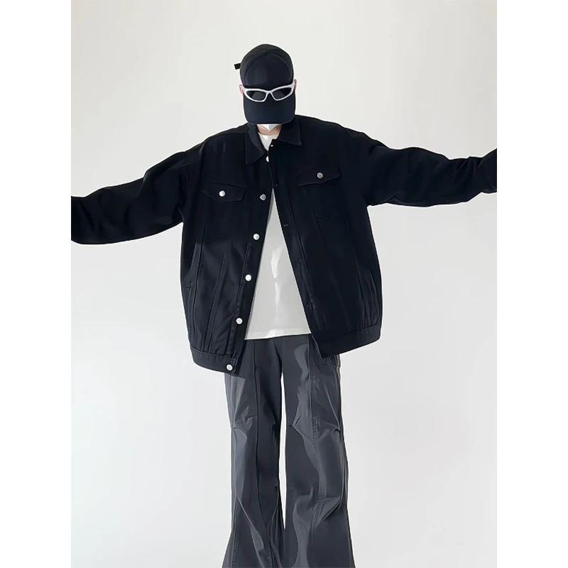 黑色夹克衫美式复古牛仔衣外套男春秋痞帅高级感水洗破洞工装上衣