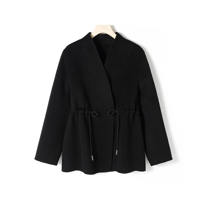 【山羊绒】纯色短款保暖长袖毛呢外套休闲风宽松型885190
