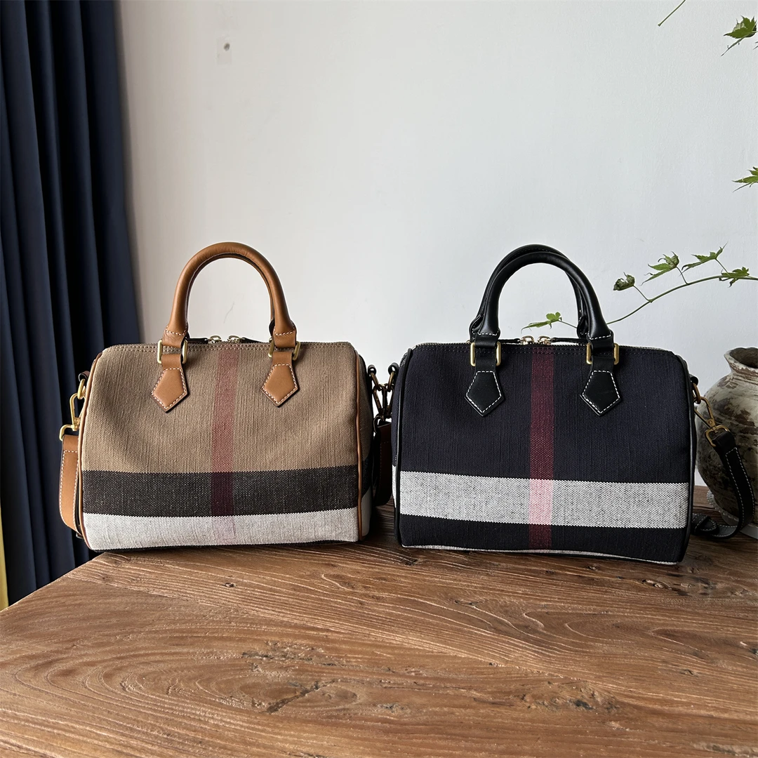 小羽家黄麻格子枕头包波士顿中号手提斜挎单肩通勤大容量女高级感