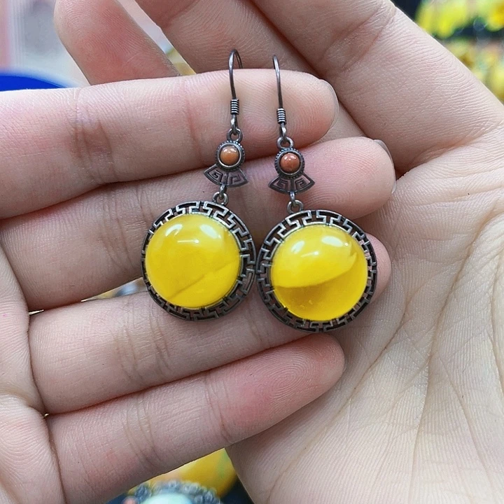 琥珀银S925镶嵌戒指耳环