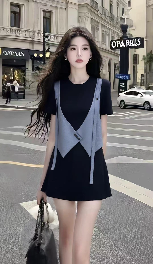 夏季新款别致设计感黑色圆领短袖连衣裙女百搭不规则显瘦气质女装