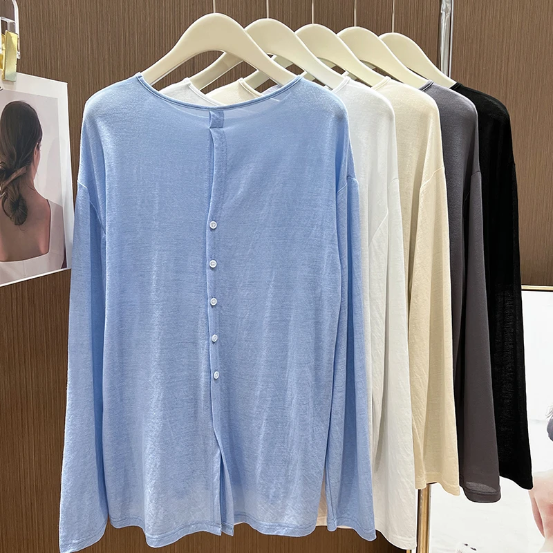 蓝色冰丝防晒针织衫女夏季小众后背开叉宽松罩衫轻薄透气长袖T恤