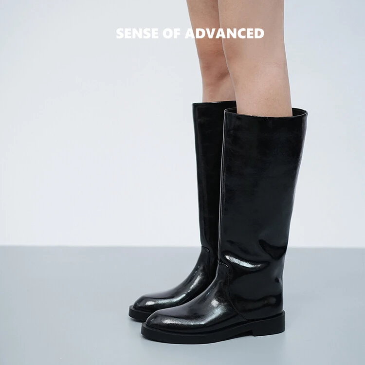 直筒不过膝小牛皮厚底时尚大牌粗跟百搭黑色真皮骑士中筒时装靴