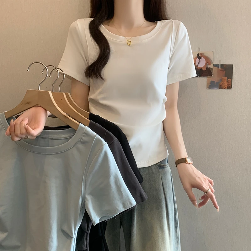 大码设计感正肩T恤2025夏季微胖MM侧边褶皱遮肉显瘦百搭上衣女