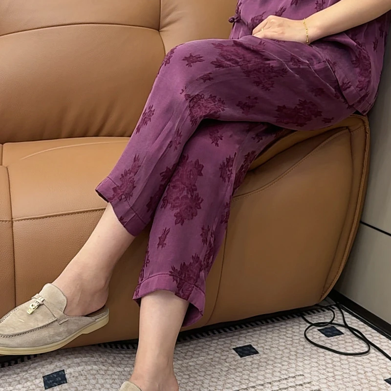 【轩小姐】新中式国风女装铜氨丝时尚百搭提花宽松休闲裤787-2