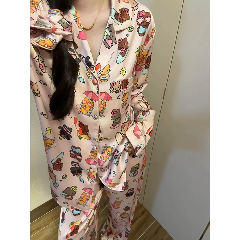 韩系可爱卡通沙滩Kitty睡衣女秋季爆款长袖长裤可外穿家居服套装