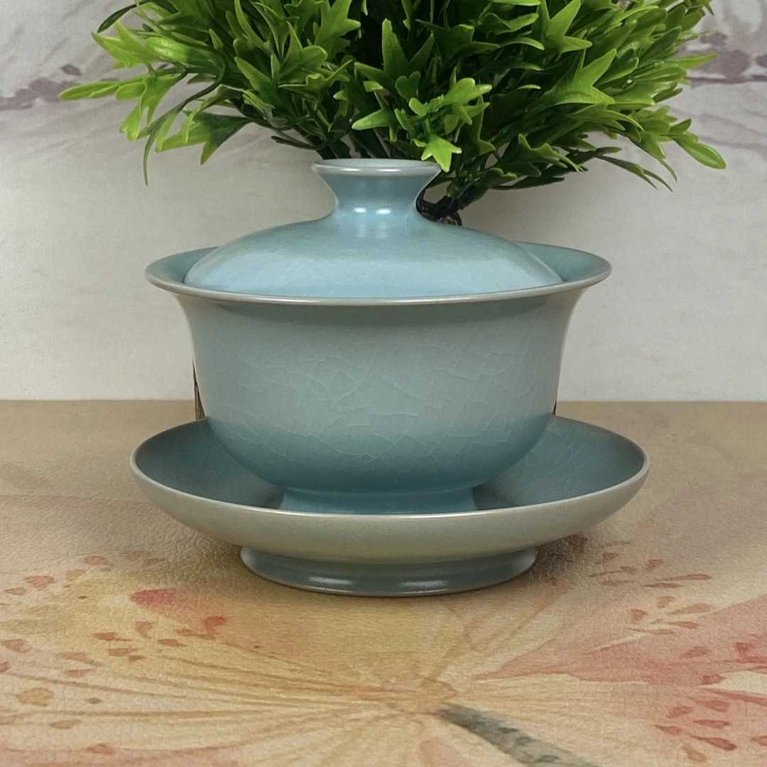 汝窑天青仿古釉元宝盖碗超薄胎原矿釉原产地汝瓷手工拉坯支钉烧