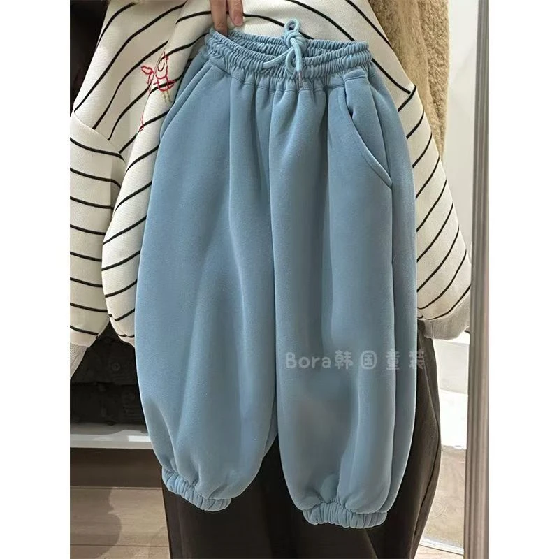 男女童加绒裤子冬季新款儿童洋气蓝色休闲长裤男宝宝外穿加绒卫裤