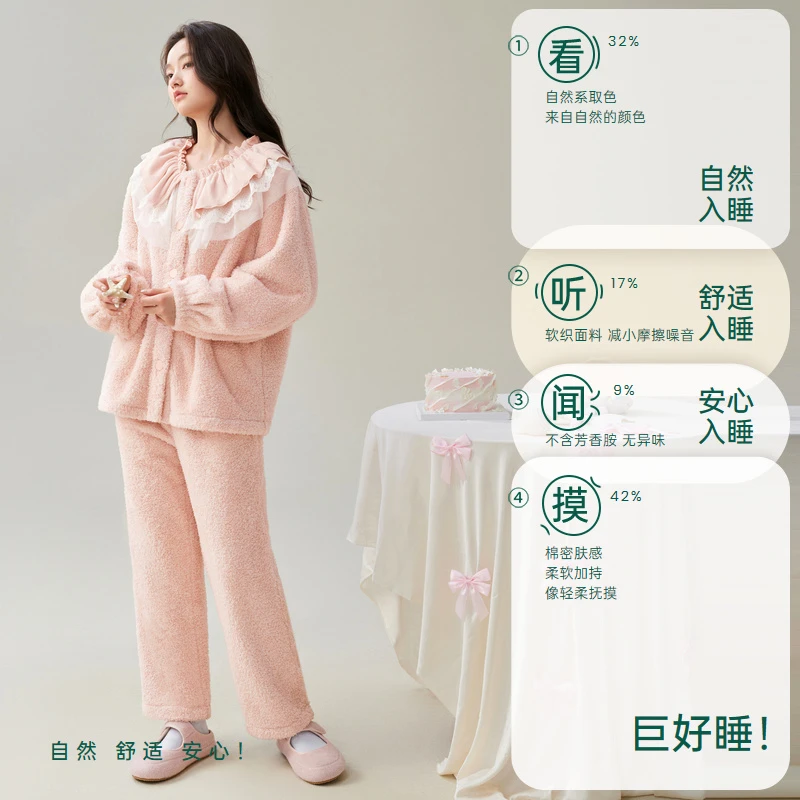 安之伴【巨保暖】双面米粒绒冬季睡衣女加厚家居服套装82541322316