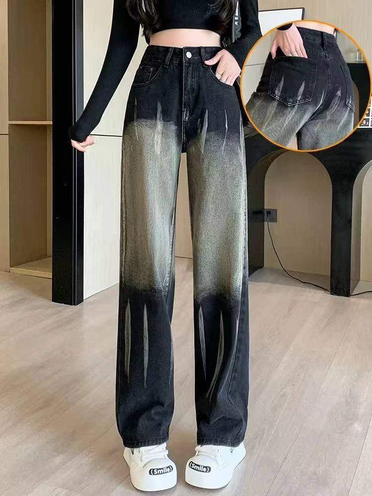 黑色渐变阔腿牛仔裤新款美式高阶酷帅直筒长裤