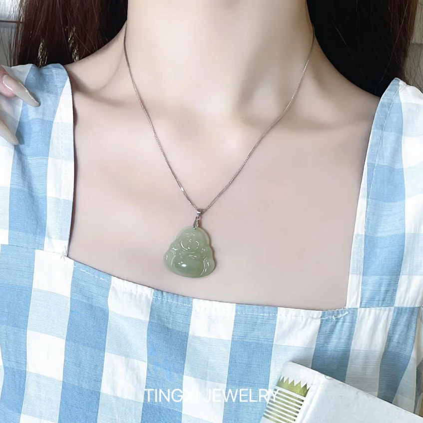 和田玉佛公吊坠s925银镶玉弥勒佛项链女多样性发其一规格30*11