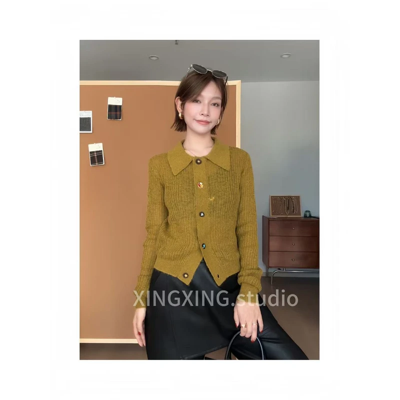 X.x.秋冬慵懒系短款小刺绣高领毛衣开衫休闲宽松针织上衣20222