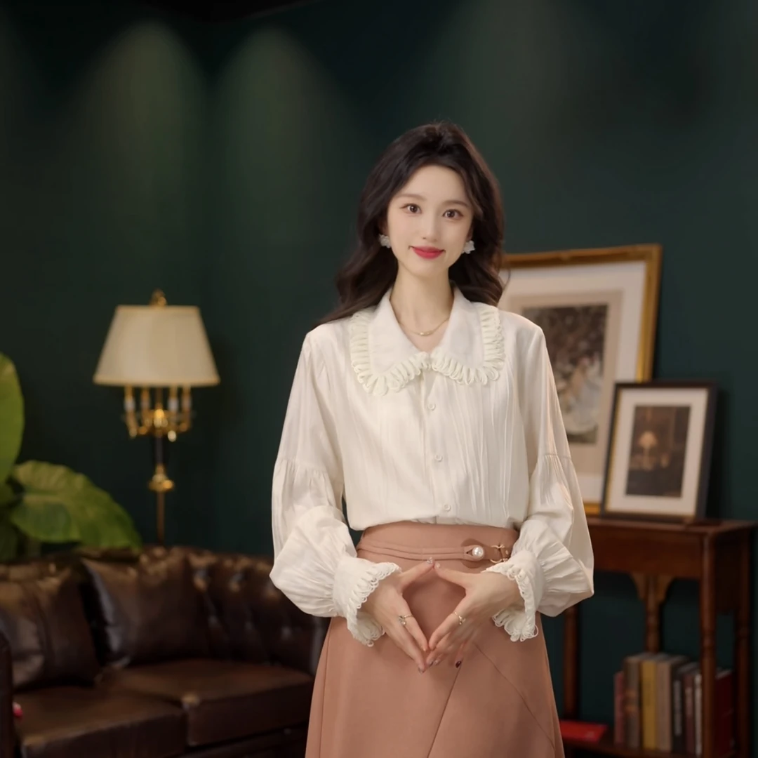 琦琦【流萤】港风复古V领长袖衬衫蕾丝拼接上衣YW2023264